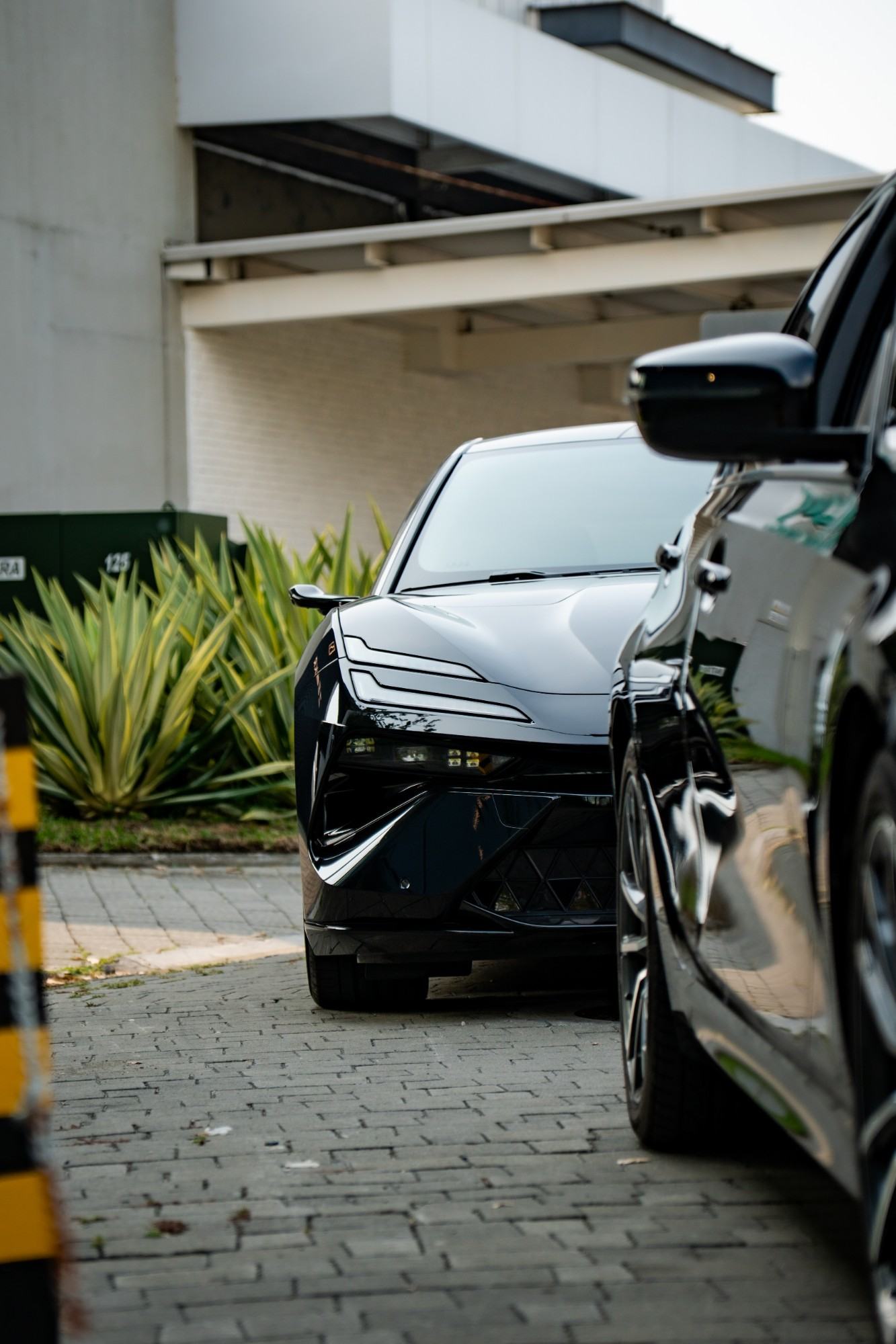 Frente de un auto negro visto entre un poste y otro vehículo estacionado